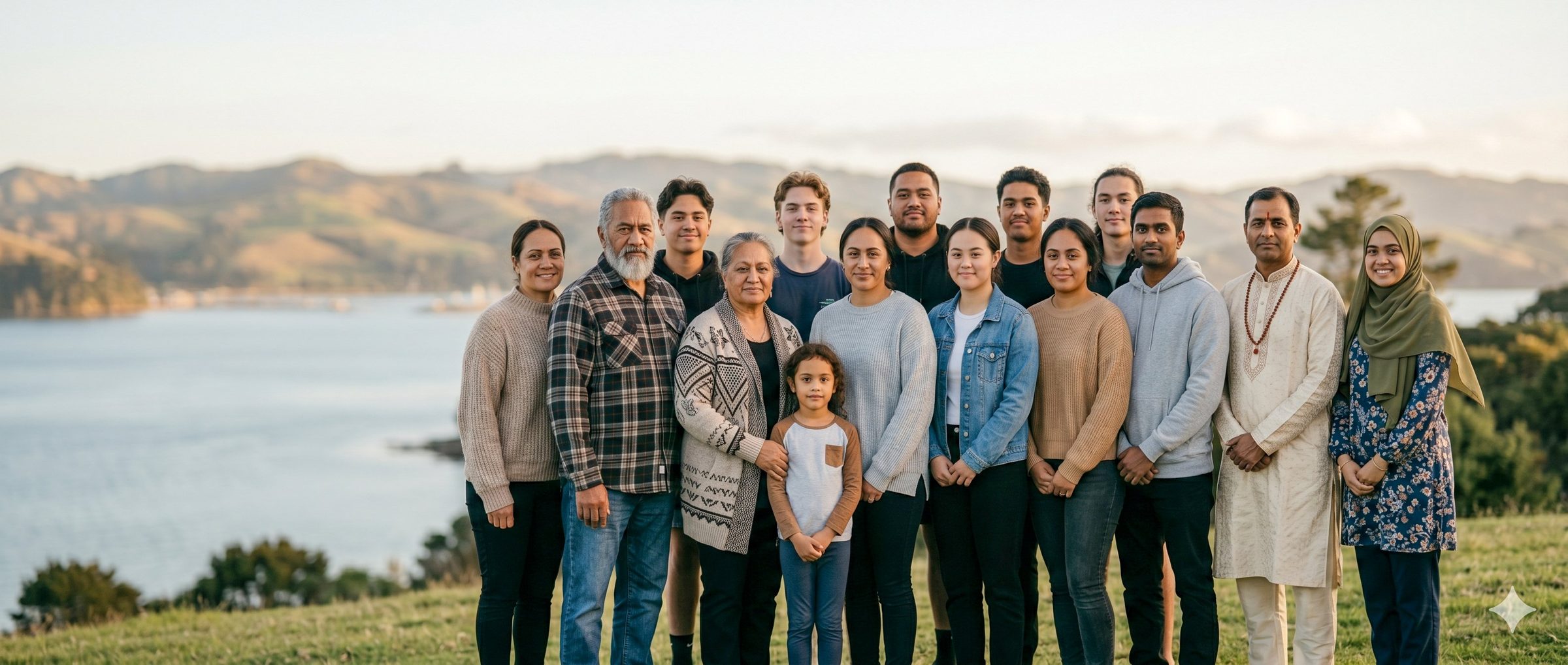 A group portrait of New Zealanders of different ages and ethnic backgrounds, standing on a grassy hillside above a coastal harbour at golden hour.